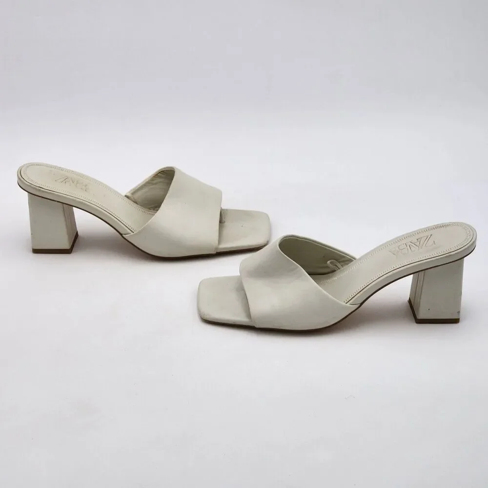Zara Square Toe Leather Block Heel Slide On Sandals White Size 39 EU 8 US
